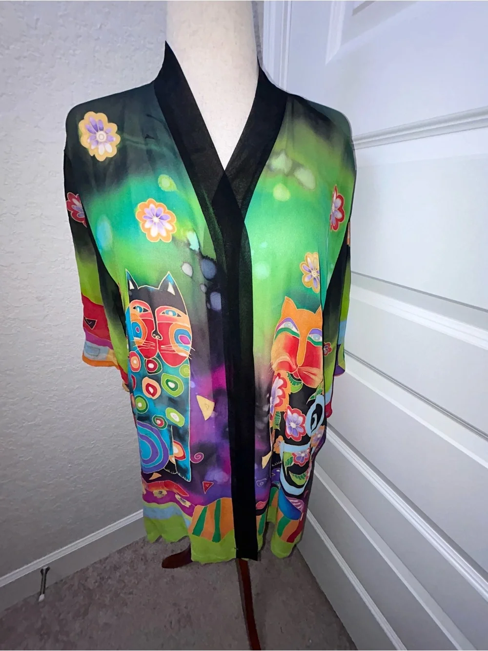 Cat Art Deco 100% Silk Open Front Sheer Kimono Statement Top - Picture 10 of 10